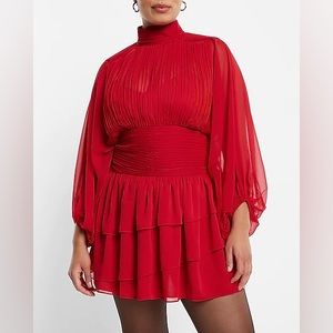 NWT Mock Neck Long Sleeve Pleated Waist Tiered Ruffle Mini Dress
